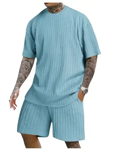 COZYEASE Men's 2 Piece Outfits Short Sleeve Crewneck Summer T Shirt and Drawstring Casual Track Shorts Set - 1