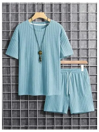 COZYEASE Men's 2 Piece Outfits Short Sleeve Crewneck Summer T Shirt and Drawstring Casual Track Shorts Set - 6