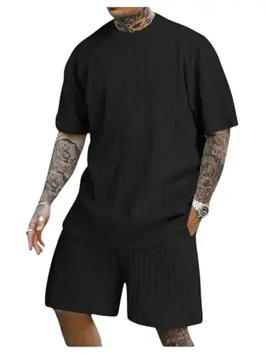 COZYEASE Men's 2 Piece Outfits Short Sleeve Crewneck Summer T Shirt and Drawstring Casual Track Shorts Set - 1