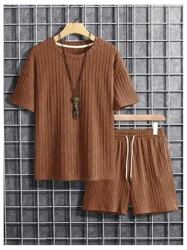 COZYEASE Men's 2 Piece Outfits Short Sleeve Crewneck Summer T Shirt and Drawstring Casual Track Shorts Set - 2