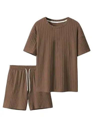 COZYEASE Men's 2 Piece Outfits Short Sleeve Crewneck Summer T Shirt and Drawstring Casual Track Shorts Set - 6
