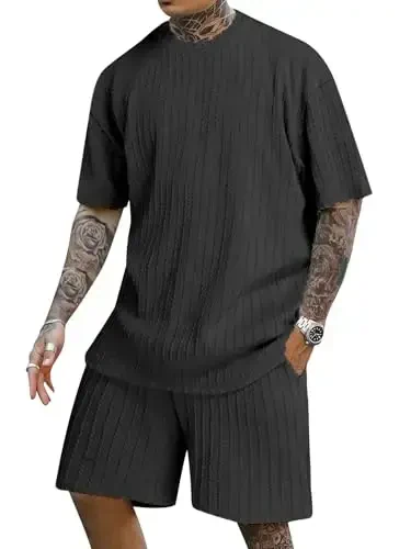 COZYEASE Men's 2 Piece Outfits Short Sleeve Crewneck Summer T Shirt and Drawstring Casual Track Shorts Set 