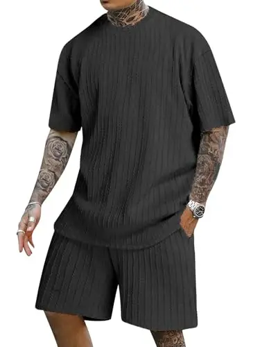 COZYEASE Men's 2 Piece Outfits Short Sleeve Crewneck Summer T Shirt and Drawstring Casual Track Shorts Set - 1