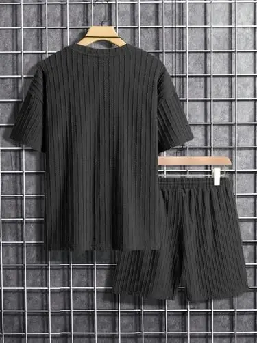 COZYEASE Men's 2 Piece Outfits Short Sleeve Crewneck Summer T Shirt and Drawstring Casual Track Shorts Set - 2