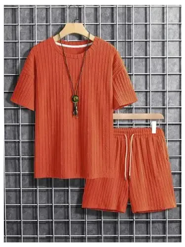 COZYEASE Men's 2 Piece Outfits Short Sleeve Crewneck Summer T Shirt and Drawstring Casual Track Shorts Set - 5