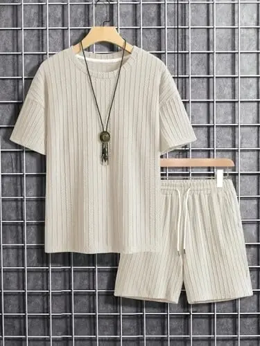 COZYEASE Men's 2 Piece Outfits Short Sleeve Crewneck Summer T Shirt and Drawstring Casual Track Shorts Set - 3