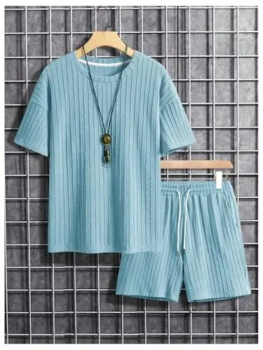COZYEASE Men's 2 Piece Outfits Short Sleeve Crewneck Summer T Shirt and Drawstring Casual Track Shorts Set - 2