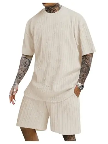 COZYEASE Men's 2 Piece Outfits Short Sleeve Crewneck Summer T Shirt and Drawstring Casual Track Shorts Set - COZYEASE