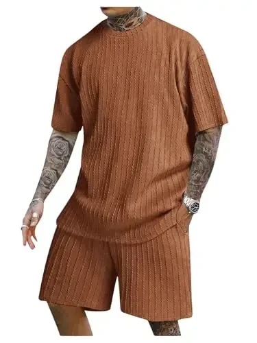 COZYEASE Men's 2 Piece Outfits Short Sleeve Crewneck Summer T Shirt and Drawstring Casual Track Shorts Set - 1