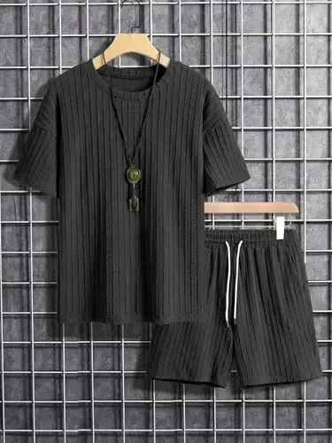 COZYEASE Men's 2 Piece Outfits Short Sleeve Crewneck Summer T Shirt and Drawstring Casual Track Shorts Set - 4
