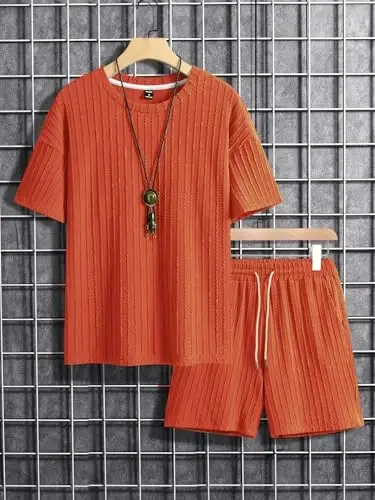 COZYEASE Men's 2 Piece Outfits Short Sleeve Crewneck Summer T Shirt and Drawstring Casual Track Shorts Set - 2