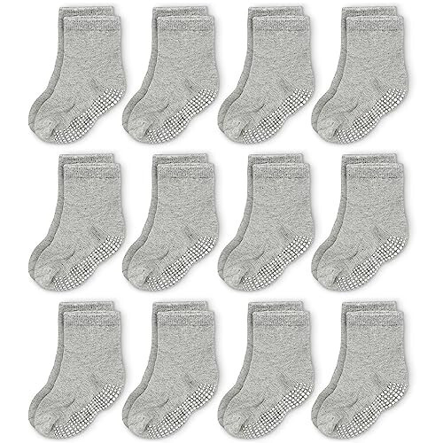 CozyWay Baby Anti Slip Crew Socks 12 Pairs with Grips for Toddlers Little Boys Girls Infants Kids Non Skid - 32