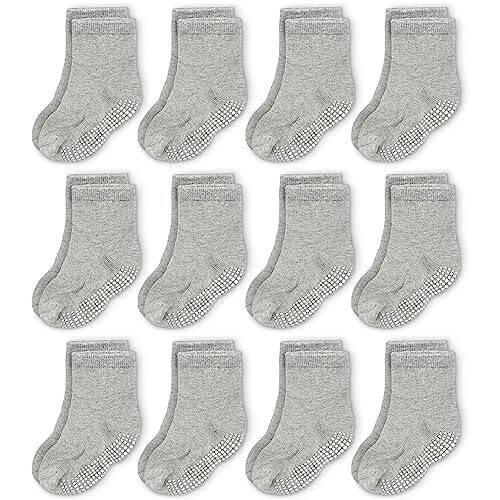 CozyWay Baby Anti Slip Crew Socks 12 Pairs with Grips for Toddlers Little Boys Girls Infants Kids Non Skid - 8