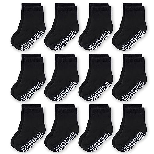 CozyWay Baby Anti Slip Crew Socks 12 Pairs with Grips for Toddlers Little Boys Girls Infants Kids Non Skid - 6