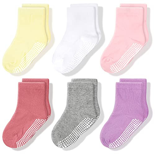 CozyWay Baby Anti Slip Crew Socks 6 Pairs with Grips for Toddlers Little Boys Girls Infants Kids Non Skid - 31