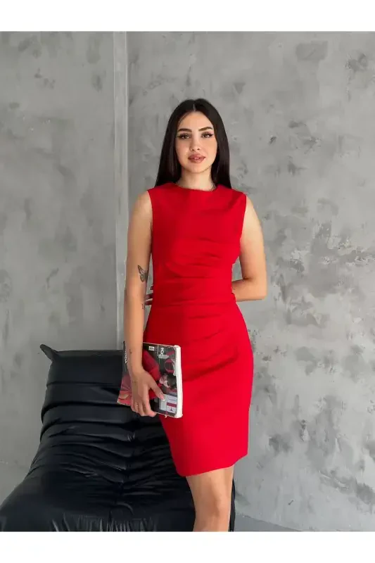 Crasia Ayollar Drapirovka Qisqa Qizil Ko'ylak 3073-Qizil - 3