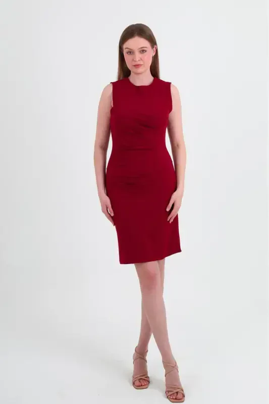 Crasia Women's Draped Short Burgundy Dress 3073-Burgundy - 2