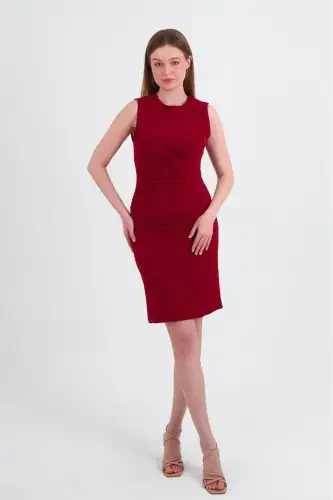 Crasia Women's Draped Short Burgundy Dress 3073-Burgundy - 3