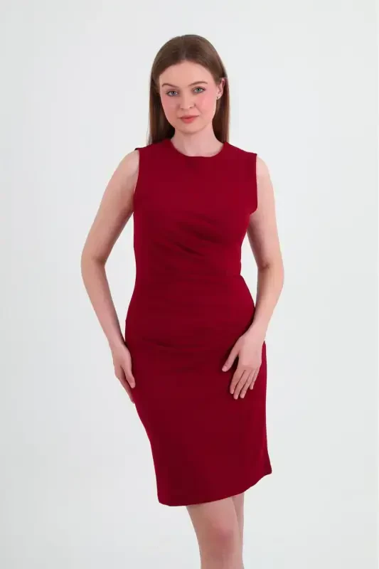 Crasia Women's Draped Short Burgundy Dress 3073-Burgundy - 4