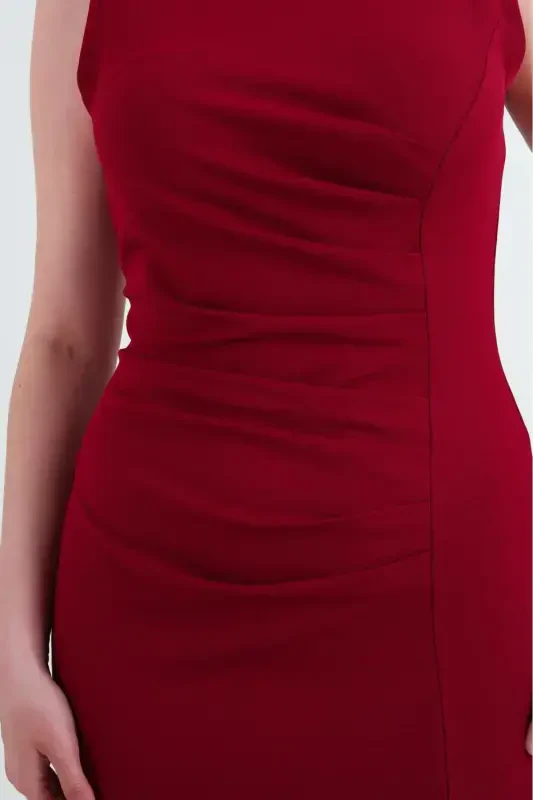 Crasia Women's Draped Short Burgundy Dress 3073-Burgundy - 7