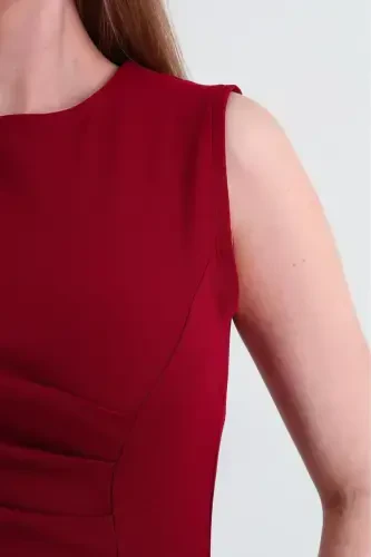 Crasia Women's Draped Short Burgundy Dress 3073-Burgundy - 8