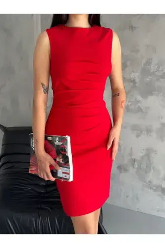 Crasia Women's Draped Short Red Dress 3073-Red - 4