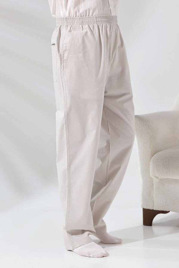 Cream 3 Pockets Elastic Waist Relaxed Fit Hajj and Umrah Men's Linen Pants Trousers - 1