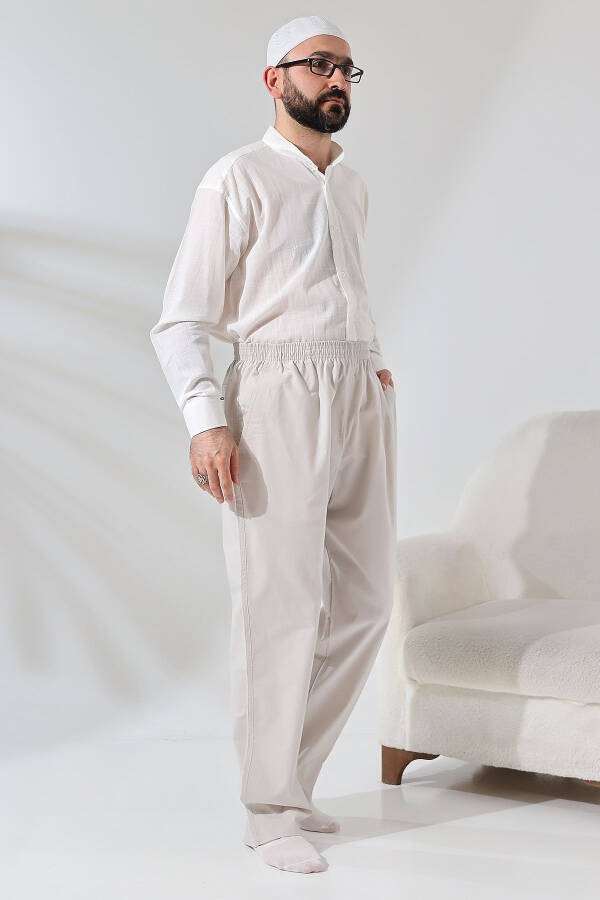 Cream 3 Pockets Elastic Waist Relaxed Fit Hajj and Umrah Men's Linen Pants Trousers - 5