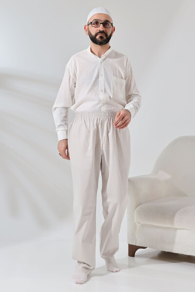 Cream 3 Pockets Elastic Waist Relaxed Fit Hajj and Umrah Men's Linen Pants Trousers - 7