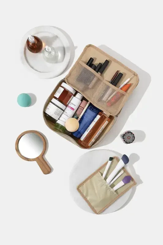 Cream - 4 Compartment Makeup Bag | Grooming Travel Makeup Cosmetic Organizer Bag - Cream - 1