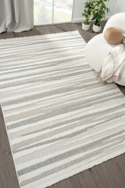 Cream Beige Grey Soft Textured Rug Carpet Living Room Kitchen Corridor Runner Woven Machine Rug 005 - 1