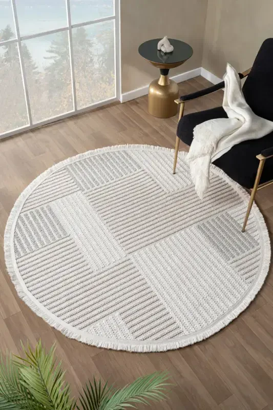 Cream Beige Grey Soft Touch Round Carpet Rug Kitchen Hallway Runner Woven Machine Carpet 009 DAİRE-Cream 4 - 1
