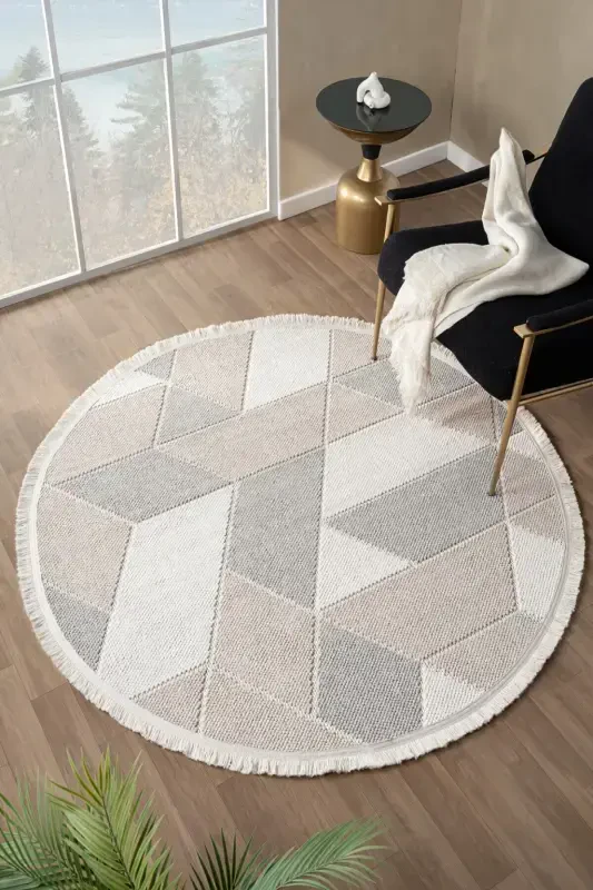 Cream Beige Grey Soft Touch Round Rug Kilim Kitchen Hallway Runner Woven Machine Carpet 008 DAİRE-Cream 6 - 1