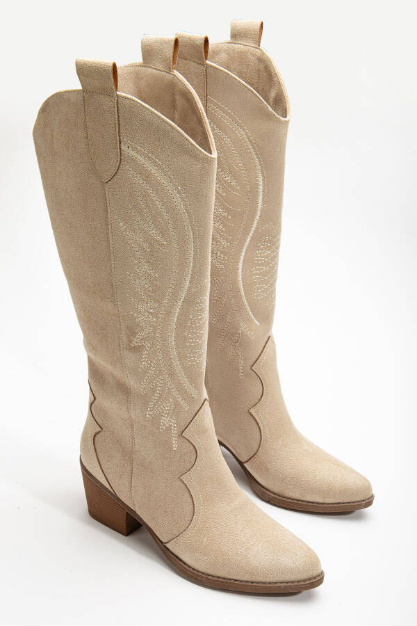 Cream beige mink nude matte suede embroidered western cowboy boots - 4