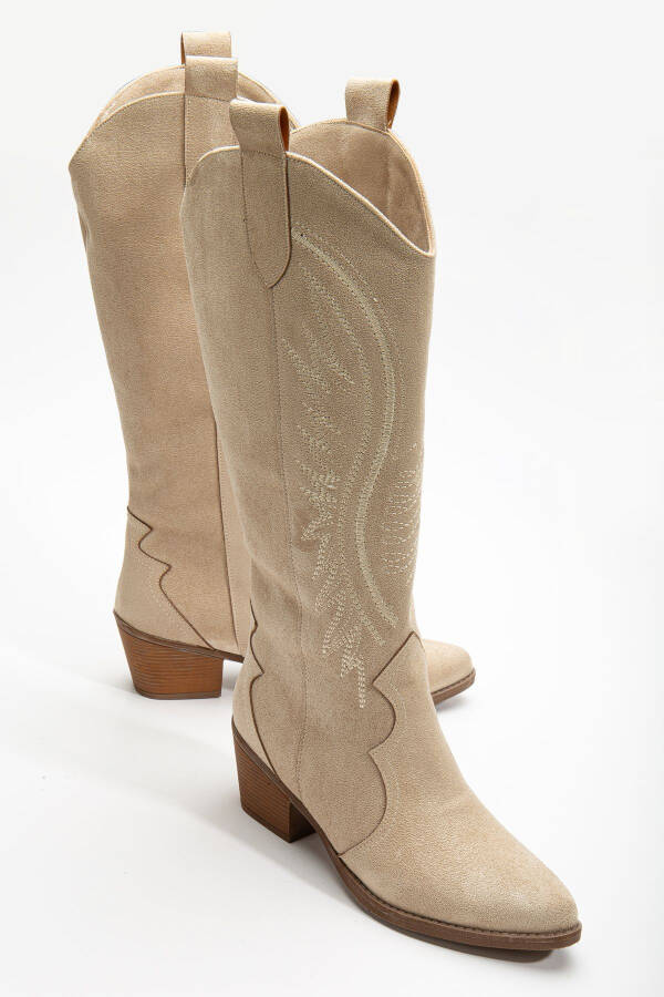 Cream beige mink nude matte suede embroidered western cowboy boots - 5