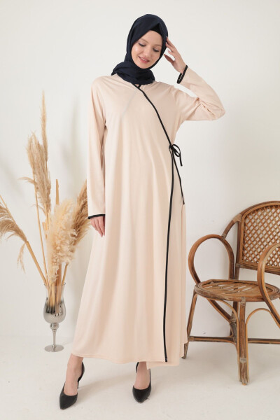 Cream Cardigan Neck Strap Elastic Interlock Fabric Prayer Dress - 3