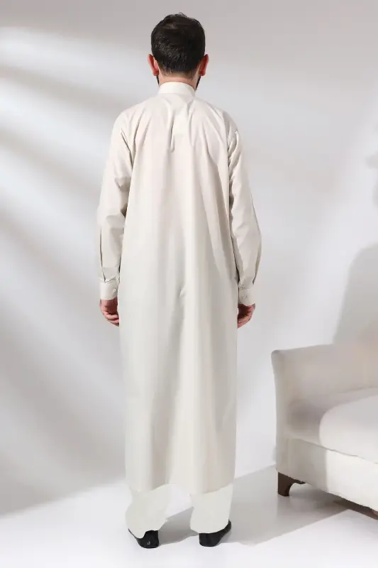 Cream Çınar Dagron Fabric Men's Hajj Umrah Outfit Robe Set - Cream - 2