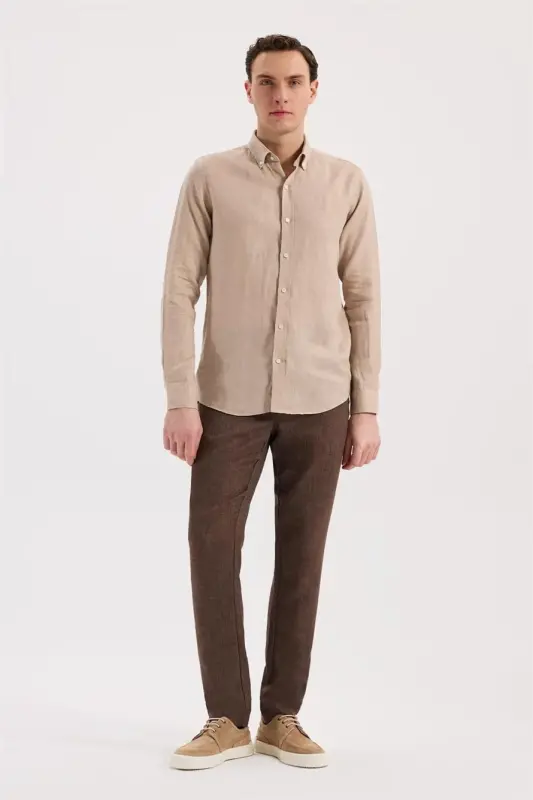 Cream Comfort Fit 100% Linen Classic Collar Shirt - 3