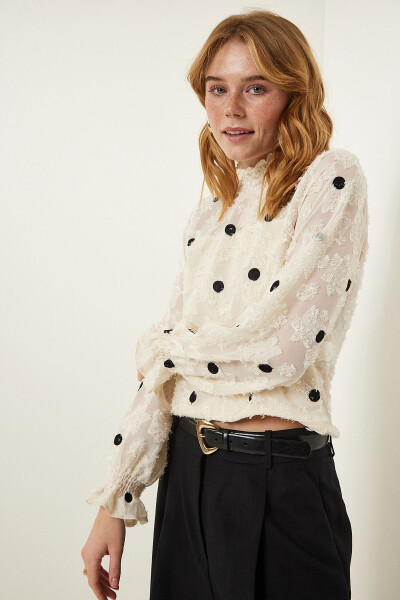 Cream Crinkled Polka Dot Woven Blouse TP00020 - 5
