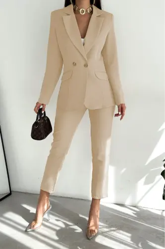 Cream Crossover Blazer Jacket Carrot Pants Suit-Beige 