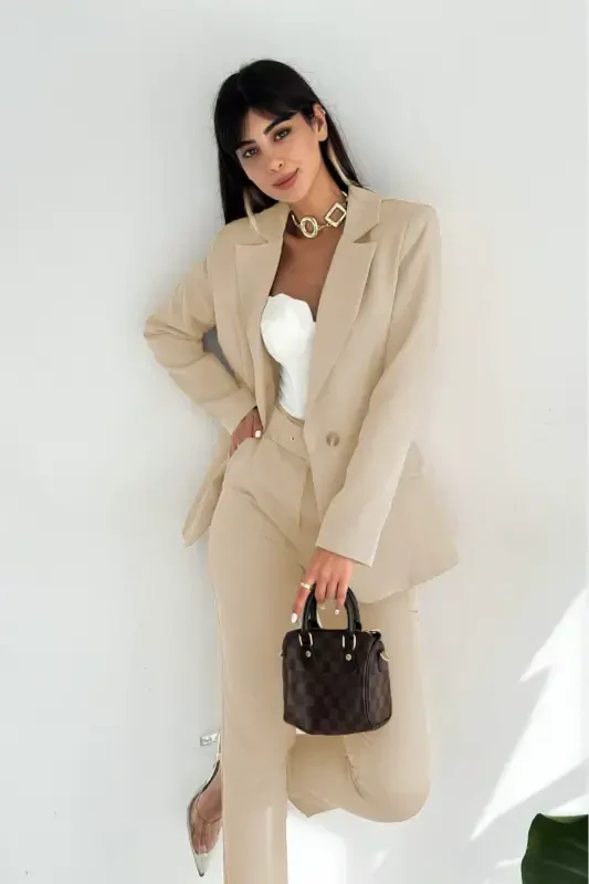Cream Crossover Blazer Jacket Carrot Pants Suit-Beige - 2