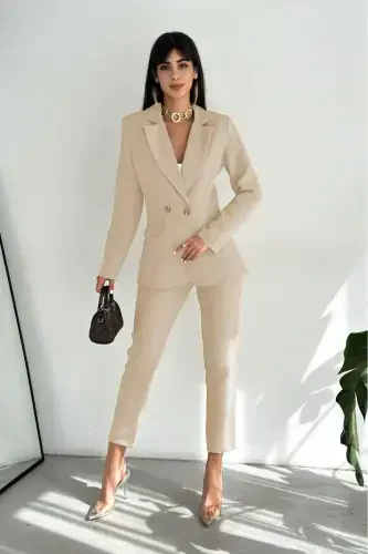 Cream Crossover Blazer Jacket Carrot Pants Suit-Beige - 3