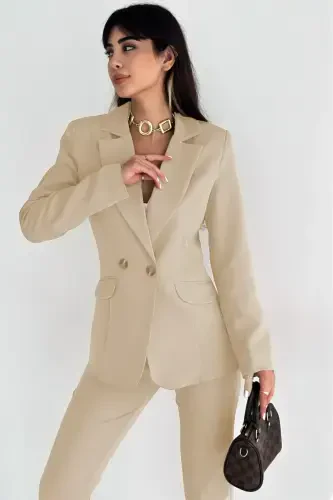 Cream Crossover Blazer Jacket Carrot Pants Suit-Beige - 4