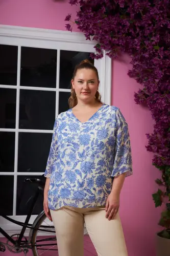 Cream Large Size Chiffon Blouse with Floral V-Neck - 3