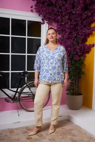 Cream Large Size Chiffon Blouse with Floral V-Neck - 5