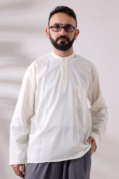 Cream Men's Comfort Fit 3-Button Clergy Collar Hajj and Umrah Linen Shirt - IHVAN ONLINE