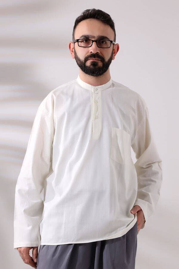 Cream Men's Comfort Fit 3-Button Clergy Collar Hajj and Umrah Linen Shirt - 1