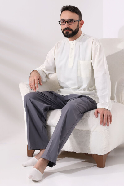 Cream Men's Comfort Fit 3-Button Clergy Collar Hajj and Umrah Linen Shirt - 6