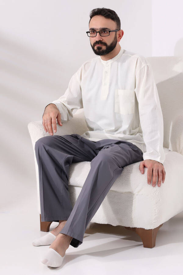 Cream Men's Comfort Fit 3-Button Clergy Collar Hajj and Umrah Linen Shirt - 6