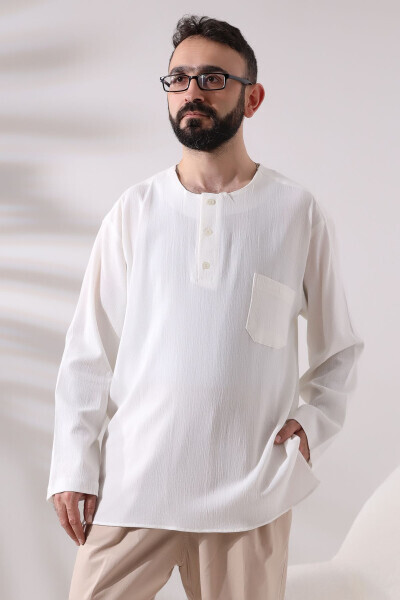 Cream Men's Relaxed Fit 3 Button Collarless Hajj and Umrah Muslin Shirt - IHVAN ONLINE (1)